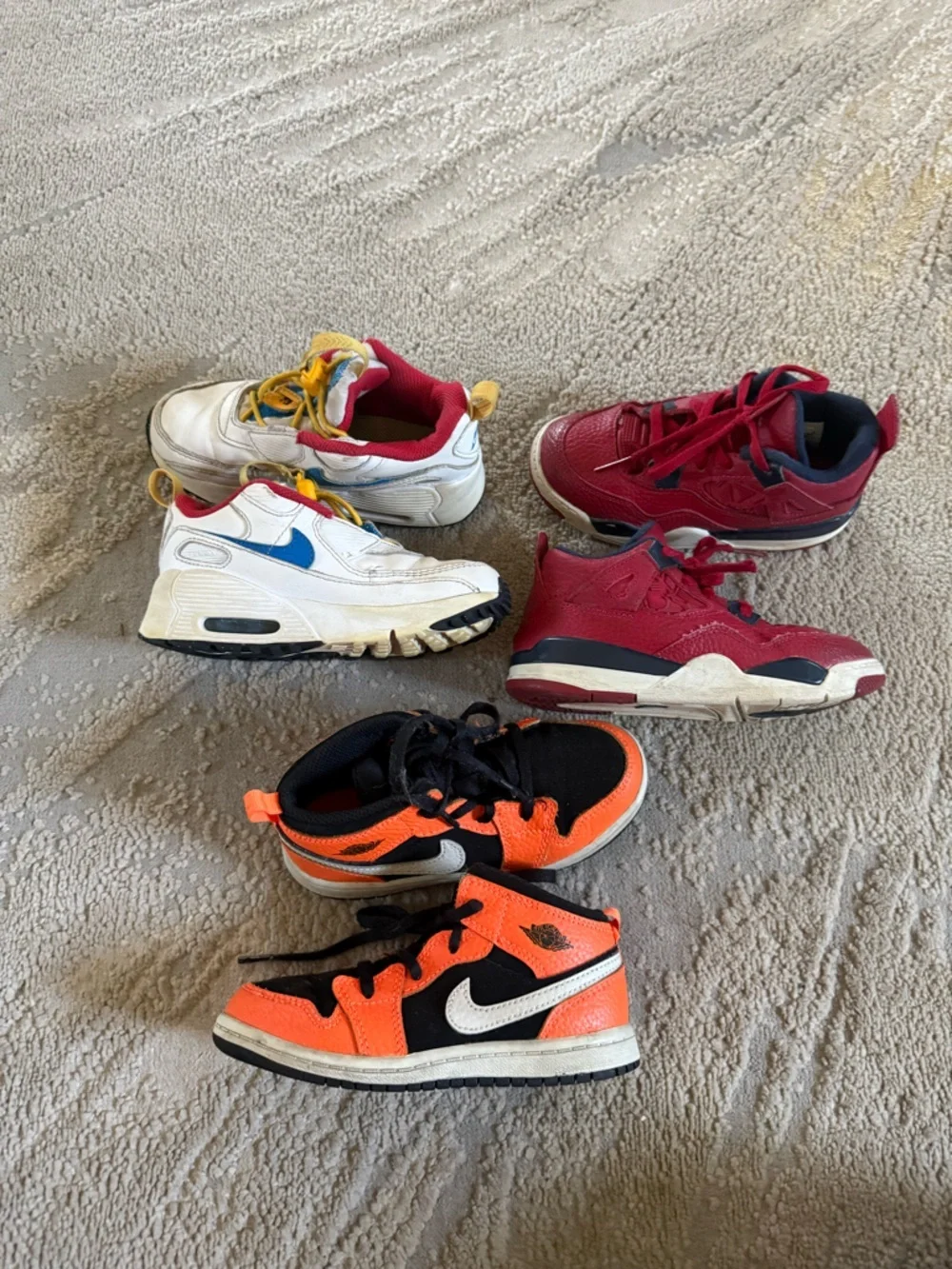 Air Jordan sneaker bundle 4 Retro, Fiba 1 Mid and Nike Air Max 90 shoes size 10